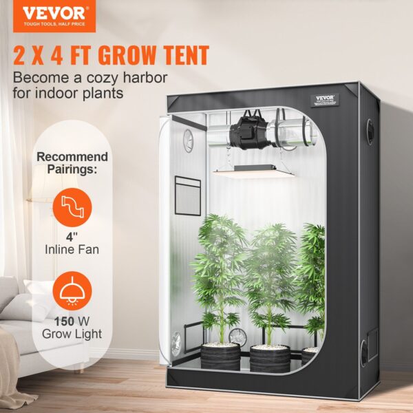 VEVOR 2x4 Grow Tent, 48'' x 24'' x 72'', High Reflective 2000D Mylar Hydroponic Growing Tent with Observation Window, Tool Bag and Floor Tray for Indoor Plants Growing